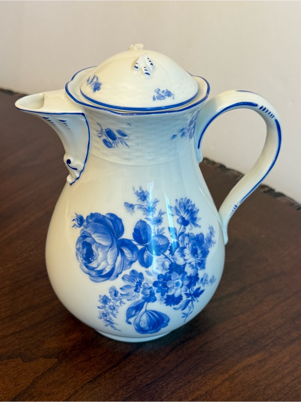 Antique Carl Teichert Meissen Blue Flower Porcelain Coffee Pot Pitcher As-Is Lid